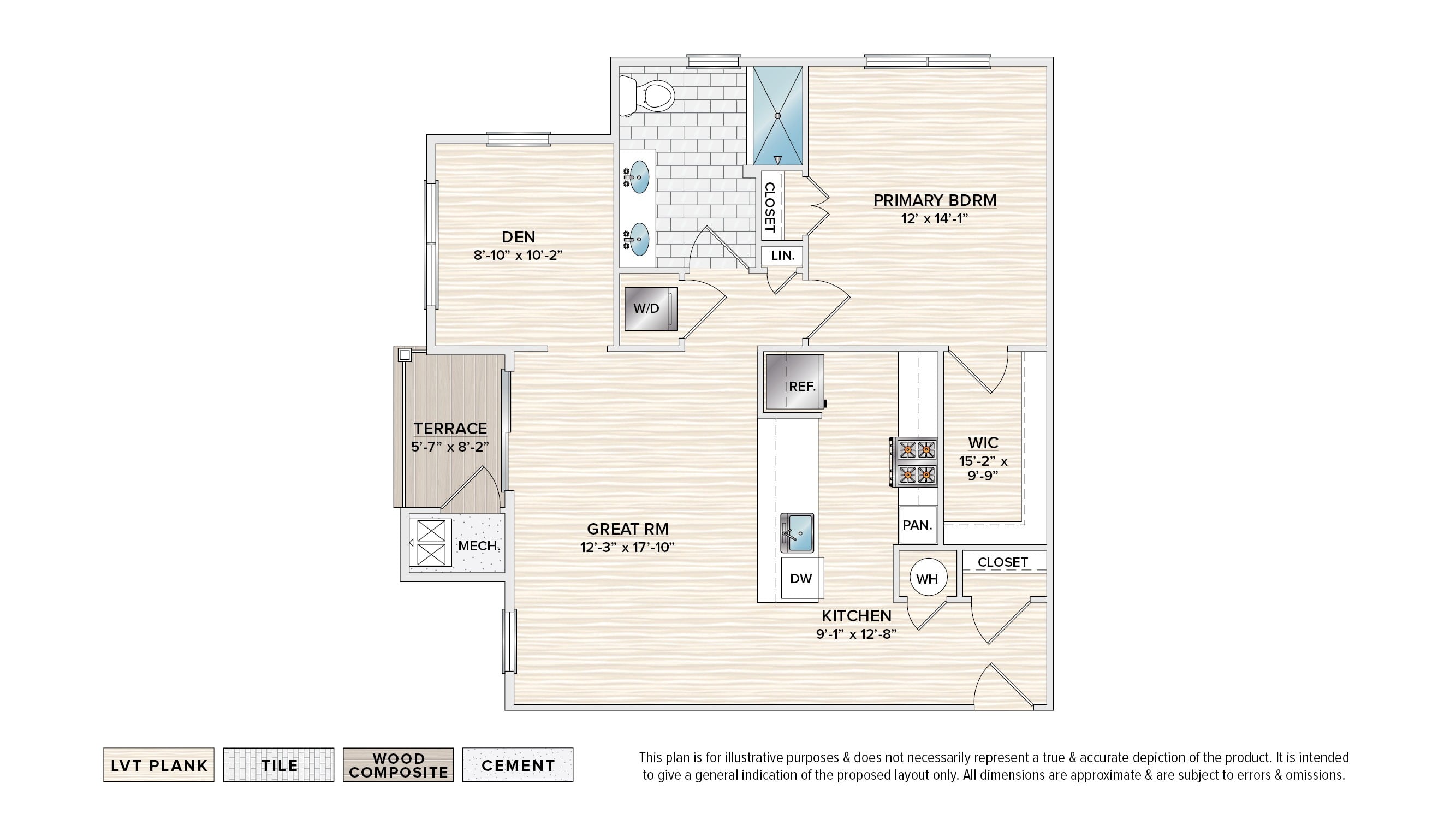 The Adams (FGA-A3) garden apartment floor plan with 1 bedroom, 1 bath, a den, and a patio/balcony,A modern kitchen with a dark wood floor and white walls.,A modern kitchen with a white countertop and dark wood cabinets.,A kitchen with brown cabinets and a white counter.,A modern kitchen with dark wood floors and stainless steel appliances.,A spacious room with wooden floors and white walls.,A laundry closet with a white washer and dryer.,A room with a large window overlooking a street.,A room with a window showing a building outside.,A room with white walls and a wooden floor with two doors.,A bathroom with a toilet, sink, and mirror.,A white door is on the left and right of a glass shower door.,A white walk in closet with a wooden floor.,A view from inside a house looking out through a glass door.